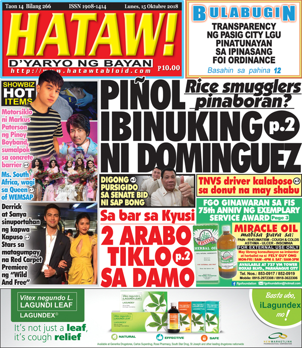 Hataw Frontpage Piñol ibinuking ni Dominguez (Rice smugglers pinaboran)