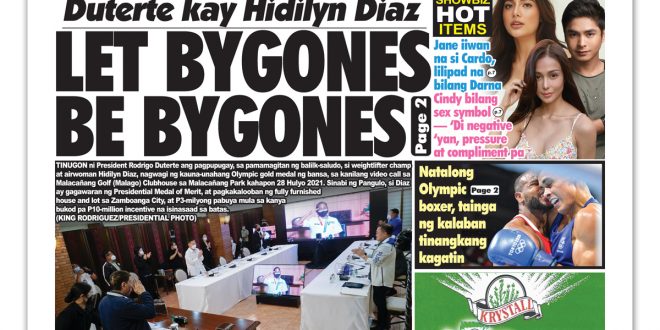 Hataw Frontpage Duterte kay Hidilyn Diaz LET BYGONES BE BYGONES