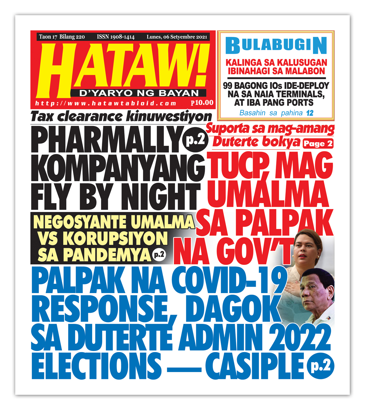 090621 Hataw Frontpage Pharmally fly by night Tax clearance kinuwestiyon TUCP MAG palpak gov’t mag-amang Duterte bokya Palpak na Covid-19 response Duterte admin 2022 elections Casiple