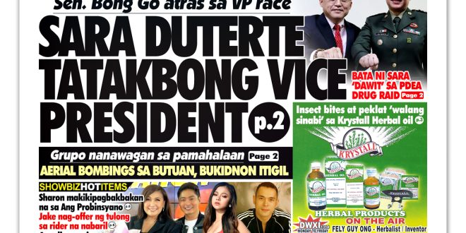 ni ROSE NOVENARIO UMATRAS sa kanilang re-election bid bilang mayor at vice mayor ng Davao City ang magkapatid na Sara at Sebastian Duterte sa 2022 elections. Si Sebastian ay nag-substitute sa kanyang ate bilang mayoralty bet habang si Chief Presidential Legal Counsel Melchor Quitain ang pumalit sa kanya bilang vice mayoralty candidate ng lungsod. Ayon sa malapit na kaibigan ni Sara na si Atty. Bruce Rivera, malabo nang tumakbong presidential bet at pagiging bise-presidente na ang target ng alkalde. May natanggap umanong impormasyon si Rivera na may mga tao ang anak ng diktador at presidential aspirant Ferdinand “Bongbong” Marcos, Jr., na nasa Davao City pero hindi malinaw ang kanilang pakay sa siyudad. “She has always told me time and time and time again na she’s not running for president but ‘yung vice naging mas open siya,” ani Rivera sa panayam sa Frontline Pilipinas sa News5 kagabi. Matatandaang ipinangako ni Sara kay Marcos ang suporta ng kanyang regional party na Hugpong ng Pagbabago sa presidential bid ng anak ng diktador sa kanilang pag-uusap sa Cebu City kamakailan. Kapag natuloy ang pagsabak ni Sara sa VP race ay makatutunggali niya ang longtime aide ng kanyang ama na si Sen. Christopher “Bong” Go. Ngunit sa kanyang talumpati sa Antipolo City kahapon, tila naging emosyonal si Go na nagpahiwatig ng kanyang pag-atras bilang vice presidential candidate ng PDP-Laban. “Maaaring may mga pagbabago sa mga tatakbo sa posisyon sa mga darating na araw. Ang problema po riyan, kailangan ko umiwas. Gusto ko man magsilbi sa inyo bilang bise presidente dahil sa kagustuhan ng ating mahal na pangulo, kailangan ko pong umiwas. Malalaman n’yo po iyan sa darating na araw,” sabi niya sa talumpati sa Malasakit Center monitoring visit sa Antipolo City.