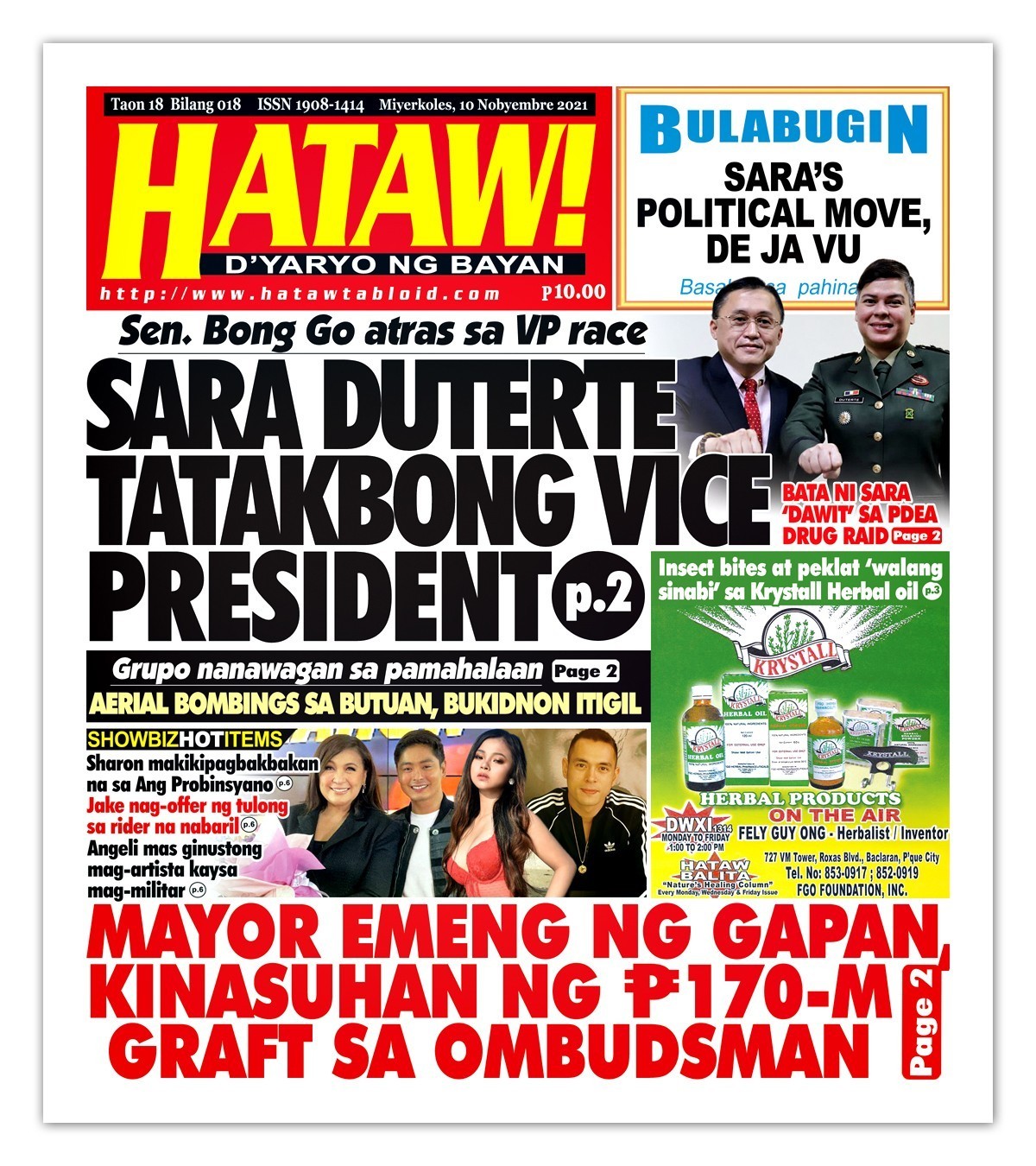 ni ROSE NOVENARIO UMATRAS sa kanilang re-election bid bilang mayor at vice mayor ng Davao City ang magkapatid na Sara at Sebastian Duterte sa 2022 elections. Si Sebastian ay nag-substitute sa kanyang ate bilang mayoralty bet habang si Chief Presidential Legal Counsel Melchor Quitain ang pumalit sa kanya bilang vice mayoralty candidate ng lungsod. Ayon sa malapit na kaibigan ni Sara na si Atty. Bruce Rivera, malabo nang tumakbong presidential bet at pagiging bise-presidente na ang target ng alkalde. May natanggap umanong impormasyon si Rivera na may mga tao ang anak ng diktador at presidential aspirant Ferdinand “Bongbong” Marcos, Jr., na nasa Davao City pero hindi malinaw ang kanilang pakay sa siyudad. “She has always told me time and time and time again na she’s not running for president but ‘yung vice naging mas open siya,” ani Rivera sa panayam sa Frontline Pilipinas sa News5 kagabi. Matatandaang ipinangako ni Sara kay Marcos ang suporta ng kanyang regional party na Hugpong ng Pagbabago sa presidential bid ng anak ng diktador sa kanilang pag-uusap sa Cebu City kamakailan. Kapag natuloy ang pagsabak ni Sara sa VP race ay makatutunggali niya ang longtime aide ng kanyang ama na si Sen. Christopher “Bong” Go. Ngunit sa kanyang talumpati sa Antipolo City kahapon, tila naging emosyonal si Go na nagpahiwatig ng kanyang pag-atras bilang vice presidential candidate ng PDP-Laban. “Maaaring may mga pagbabago sa mga tatakbo sa posisyon sa mga darating na araw. Ang problema po riyan, kailangan ko umiwas. Gusto ko man magsilbi sa inyo bilang bise presidente dahil sa kagustuhan ng ating mahal na pangulo, kailangan ko pong umiwas. Malalaman n’yo po iyan sa darating na araw,” sabi niya sa talumpati sa Malasakit Center monitoring visit sa Antipolo City.