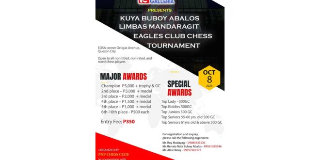 Kuya Buboy Abalos chessfest tutulak sa 8 Oktubre 2023