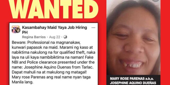 Yaya Wanted MARY ROSE PARENAS aka JOSEPHINE AQUINO DUEÑAS