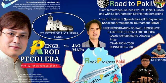 Road to Pakil  <br> 8th SIKAT IIEE-Bayanihan Chess pangungunahan nina Mapa, Quizon at Bernardino