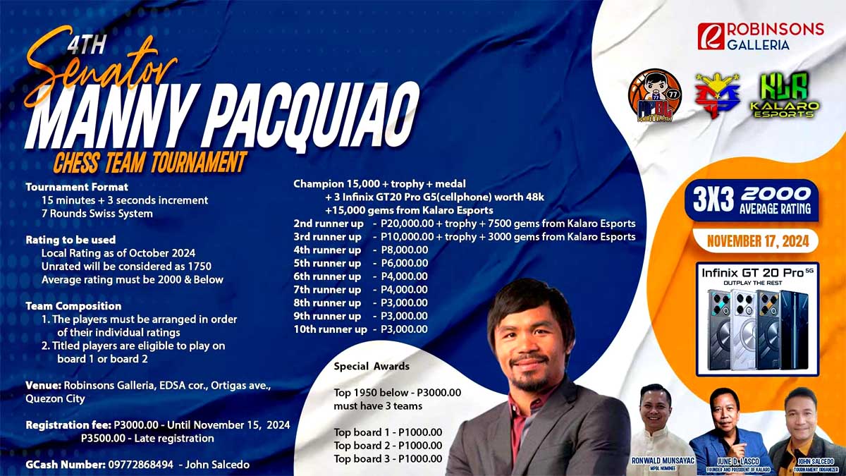 4th Senator Manny Pacquiao Rapid Chess tatlohan team tournament sa 17 Nobyembre