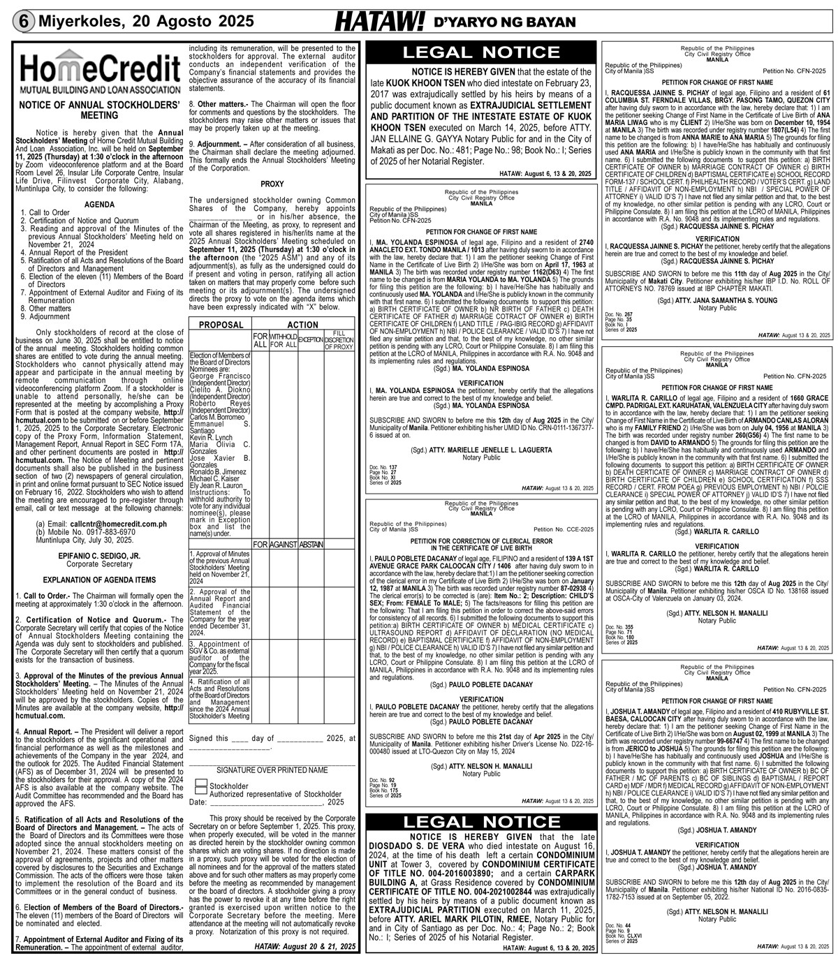 Home Credit Notice of Annual Stockholders Meeting