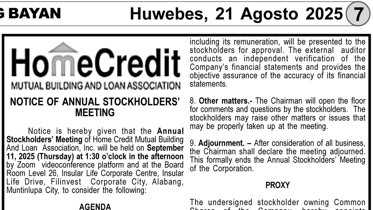 Home Credit Notice of Annual Stockholders Meeting FEAT
