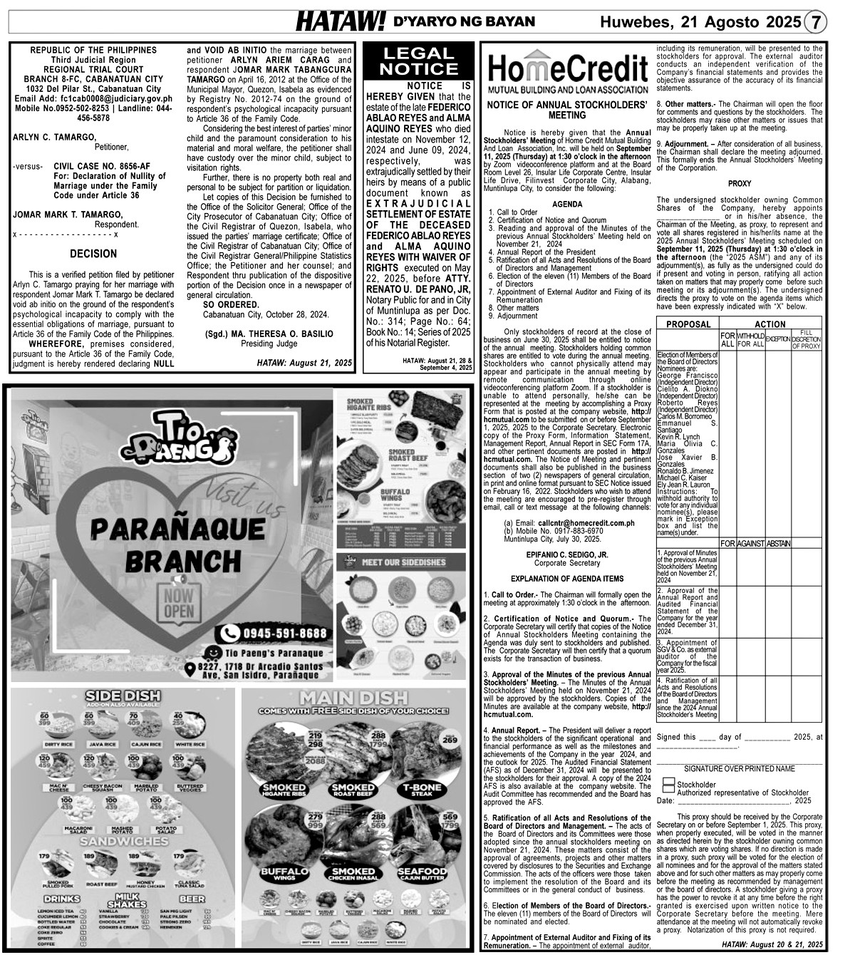 Home Credit Notice of Annual Stockholders Meeting