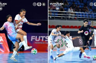 NAGLALABAN para sa bola sina national team standout Shai del Campo (kaliwa) ng Azkals Development Club at Allyxa Lucero (kanan) ng Philippine Women’s University sa PFF Futsaliga Women’s Division, na inihahandog ng Philippine Sports Commission. PILIT na lumulusot si Severino de Castro (nakaitim) ng University of Asia and the Pacific laban sa triple team ng Philippine Women’s University sa PFF Futsaliga, na inihahandog ng Philippine Sports Commission. (PSC photos)