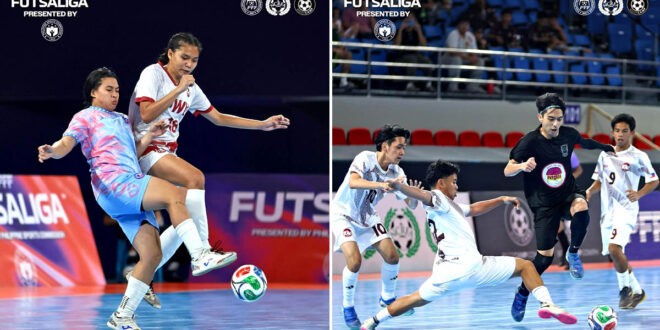 NAGLALABAN para sa bola sina national team standout Shai del Campo (kaliwa) ng Azkals Development Club at Allyxa Lucero (kanan) ng Philippine Women’s University sa PFF Futsaliga Women’s Division, na inihahandog ng Philippine Sports Commission. PILIT na lumulusot si Severino de Castro (nakaitim) ng University of Asia and the Pacific laban sa triple team ng Philippine Women’s University sa PFF Futsaliga, na inihahandog ng Philippine Sports Commission. (PSC photos)