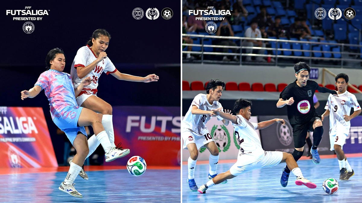 NAGLALABAN para sa bola sina national team standout Shai del Campo (kaliwa) ng Azkals Development Club at Allyxa Lucero (kanan) ng Philippine Women’s University sa PFF Futsaliga Women’s Division, na inihahandog ng Philippine Sports Commission. PILIT na lumulusot si Severino de Castro (nakaitim) ng University of Asia and the Pacific laban sa triple team ng Philippine Women’s University sa PFF Futsaliga, na inihahandog ng Philippine Sports Commission. (PSC photos)