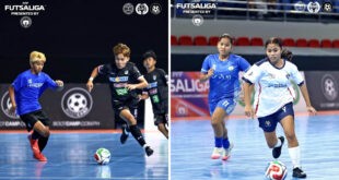 SI Michael Canaman ng Nemesis (kanan) ay naglaro sa buong 90 minuto upang mapanatiling buhay ang tsansa ng kanyang koponan sa semifinals ng PFF Futsaliga U17 Boys Cup. Pinangunahan ni Angela Morato ng Silangan FC (kanan) ang balanseng opensa ng kanyang koponan upang talunin ang dating walang talong PasigLaban at magdulot ng tatluhang tabla sa unang puwesto sa PFF Futsaliga U17 Girls Division. (PSC Photos)