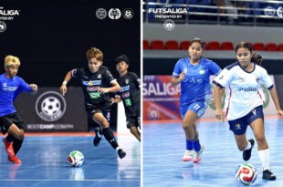 SI Michael Canaman ng Nemesis (kanan) ay naglaro sa buong 90 minuto upang mapanatiling buhay ang tsansa ng kanyang koponan sa semifinals ng PFF Futsaliga U17 Boys Cup. Pinangunahan ni Angela Morato ng Silangan FC (kanan) ang balanseng opensa ng kanyang koponan upang talunin ang dating walang talong PasigLaban at magdulot ng tatluhang tabla sa unang puwesto sa PFF Futsaliga U17 Girls Division. (PSC Photos)