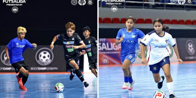 SI Michael Canaman ng Nemesis (kanan) ay naglaro sa buong 90 minuto upang mapanatiling buhay ang tsansa ng kanyang koponan sa semifinals ng PFF Futsaliga U17 Boys Cup. Pinangunahan ni Angela Morato ng Silangan FC (kanan) ang balanseng opensa ng kanyang koponan upang talunin ang dating walang talong PasigLaban at magdulot ng tatluhang tabla sa unang puwesto sa PFF Futsaliga U17 Girls Division. (PSC Photos)