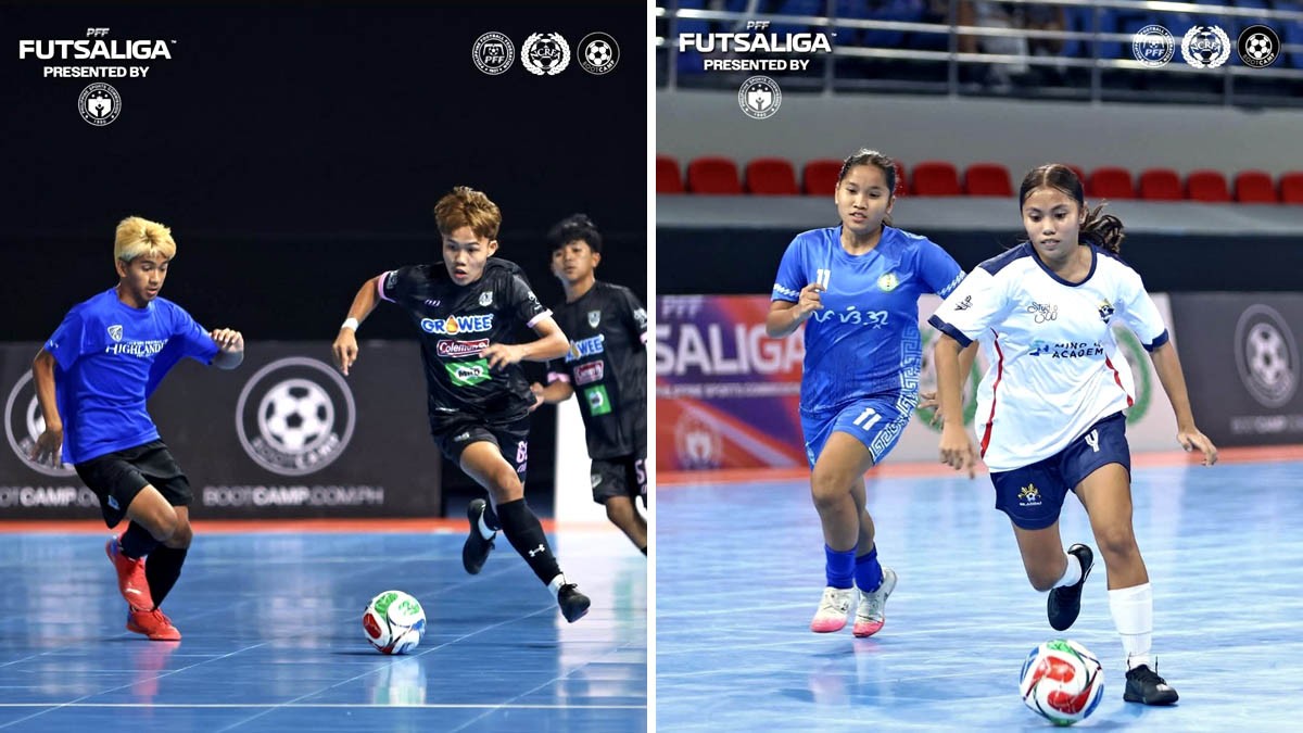 SI Michael Canaman ng Nemesis (kanan) ay naglaro sa buong 90 minuto upang mapanatiling buhay ang tsansa ng kanyang koponan sa semifinals ng PFF Futsaliga U17 Boys Cup. Pinangunahan ni Angela Morato ng Silangan FC (kanan) ang balanseng opensa ng kanyang koponan upang talunin ang dating walang talong PasigLaban at magdulot ng tatluhang tabla sa unang puwesto sa PFF Futsaliga U17 Girls Division. (PSC Photos)
