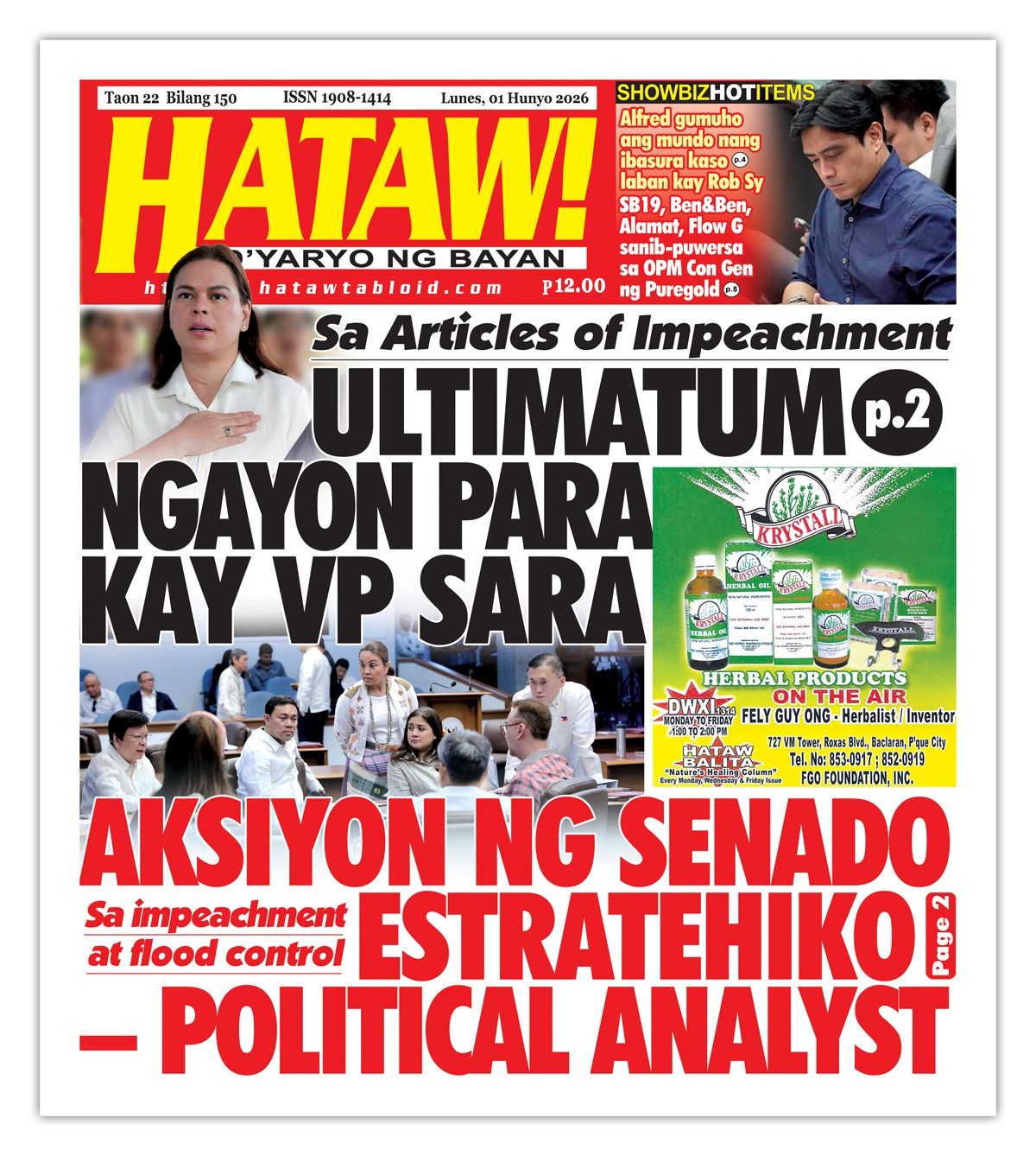 Sa Articles of Impeachment <br> ULTIMATUM NGAYON PARA KAY VP SARA

ni Niño Aclan

HANGGANG ngayong araw, 1 Hunyo, ang ultimatum na ibinigay ng impeachment court kay Vice President Sara Duterte - Carpio para sagutin ang inihaing Articles of Impeachment ng Kamara laban sa kanya. 

Matapos magtilon ang senado bilang impeachment court ay agad naglabas ng summons para tumugon ang kampo ng bise presidente sa loob ng sampung (10) araw. 

 Inihayag ni impeachment clerk of court Senate Secretary Atty.  Jose Luis Montales, handa ang korte na tanggapin ang ihahain ng kampo ng bise presidente.

May dalawang opsiyon o pagpipilian ang VP sa paghahain ng tugon:  personal o via email. 

Kung personal, maaaring ihain ang sagot sa pamamagitan ng kanyang legal team puwede siyang sumama kung nanaisin niya. 

Tanging ang Senate Public Relations and Information Bureau (PRIB) ang opisyal na magsasagawa ng dokumentasyon. 

Ngunit maari namang magkaroon ng media coverage sa Quezon at Tolentino rooms sa ikalawang palapag ng gusali na itinalagang media holding at coverage area. 

Papayagan ng impeachment court na humarap sa media ang legal team ng bise presidente kung gusto nila.

Sa sandaling matanggap ng korte ang tugon ng bise presidente ay padadalahan ng summons ang prosecution team. 

Limang araw ang itinatakda para sumagot ang prosekusyon bago ang paghaharap ng mga pangalan ng testigo at mga ebidensiya bago magsimula ang paglilitis.  
